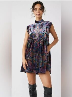 Free People All the Time Velvet Mini Dress Women Medium Fairygoth Whimsy Burnout